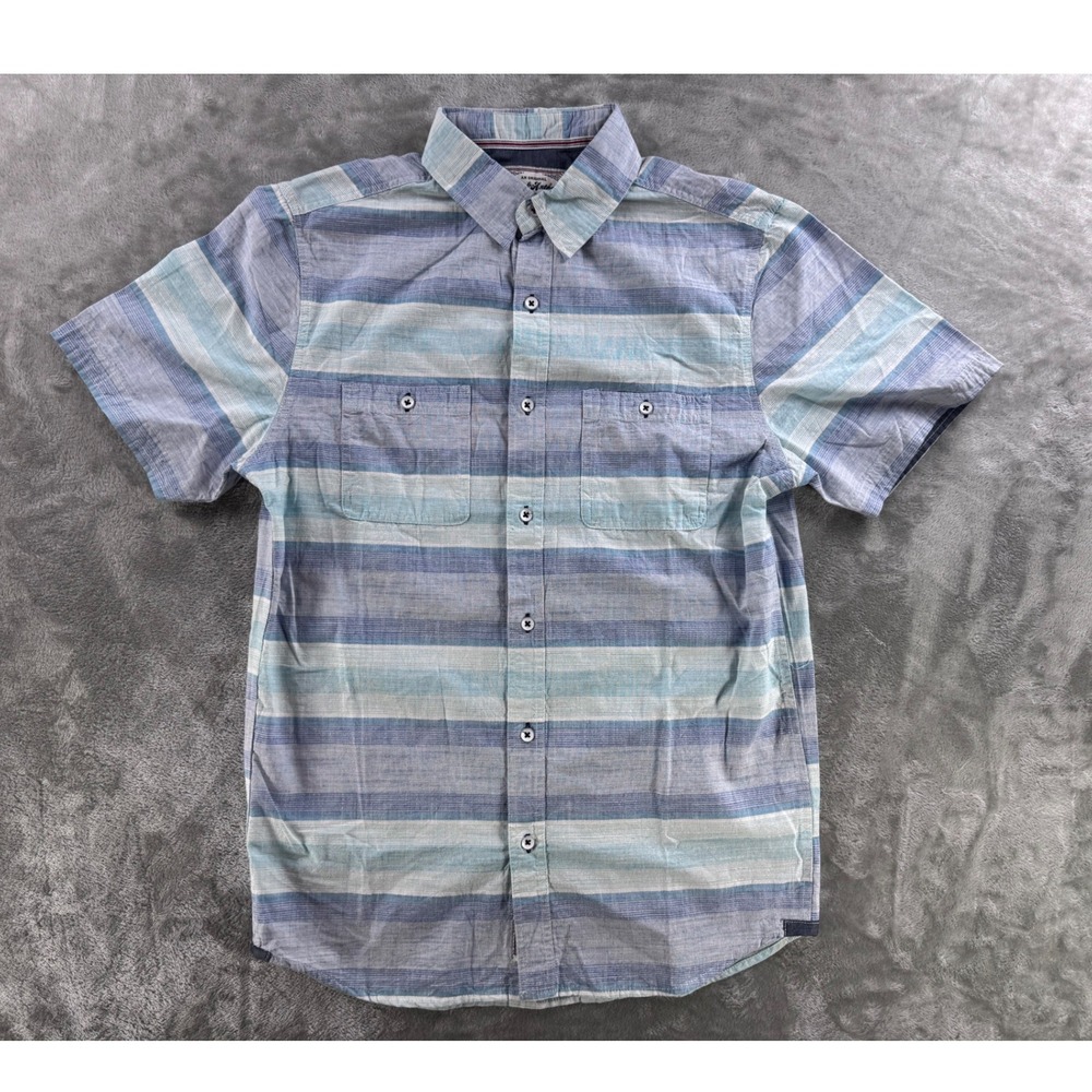 Flag & Anthem Shirt Mens S Blue Stripe Button Up Casual Preppy Summer Beach Top - Picture 1 of 10
